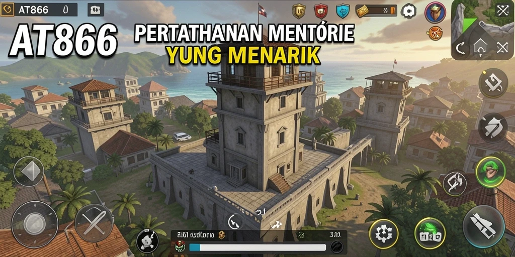 Screenshot AT866 menampilkan gameplay menara pertahanan yang intens.