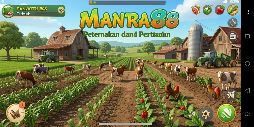 Screenshot gameplay MANTRA88 menampilkan kebun yang subur dan hewan ternak.