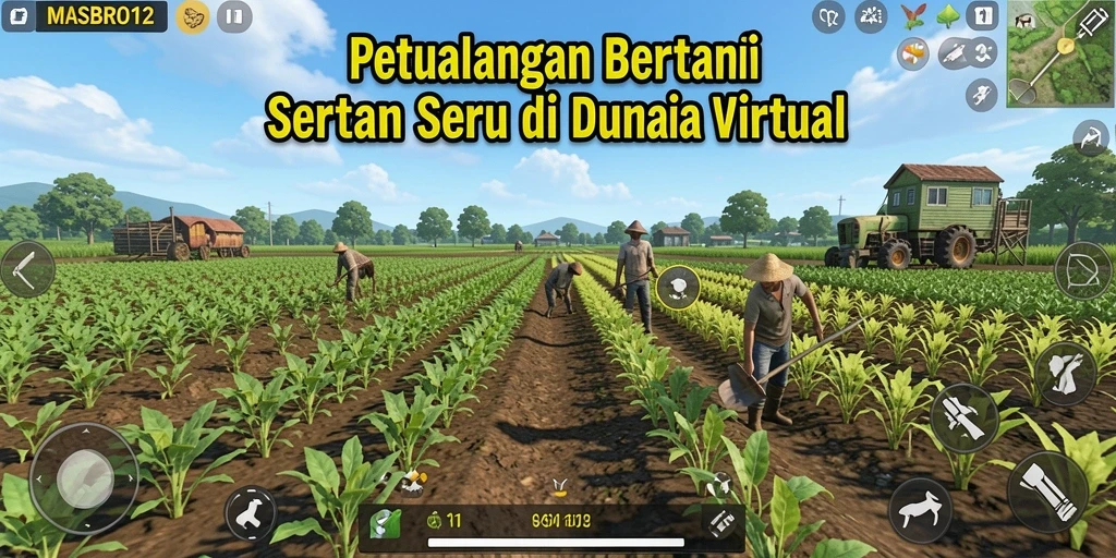 Tangkapan layar permainan MASBRO12 menunjukkan aktivitas bercocok tanam yang seru.