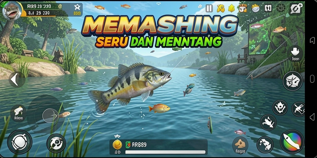 Screenshot gameplay RR89 menampilkan keseruan memancing di berbagai lokasi.